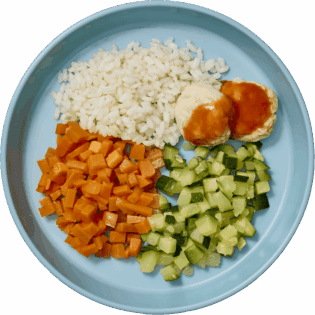 Verduras con albóndigas de pollo y con arroz